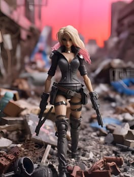 A warrior-style Barbie doll, resembling a turtle, stands tall on the ruins of a city, a symbol of strength and resilience.