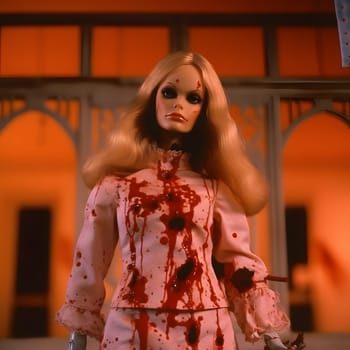 Bloody Barbie doll and pink clothes with traces of blood second.