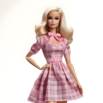 A beautiful blonde-haired Barbie doll in a pink dress with a bow, isolated on a white background.