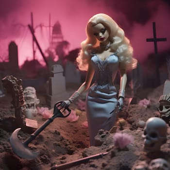 Barbie in a blue dress digs a hole in a cemetery, surrounded by spooky elements like skulls and tombstones, creating a thrilling yet whimsical scene.