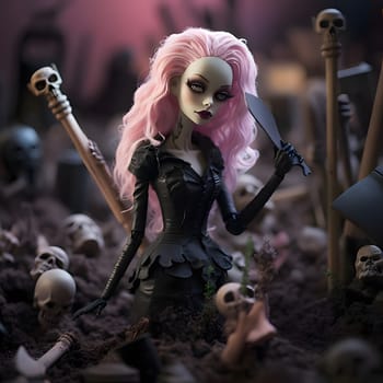 Dark-haired Barbie in black dress amid a spooky cemetery, digging a hole near tombstones and skulls.