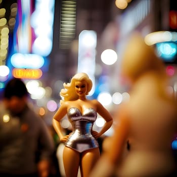 A Barbie doll standing gracefully against a backdrop of blurry urban hustle and bustle, capturing the essence of city life and elegance.