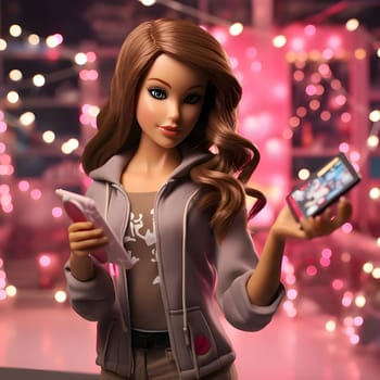 A beautiful brown-haired Barbie doll in a youthful outfit holds a smartphone in her hand, looking chic and modern.