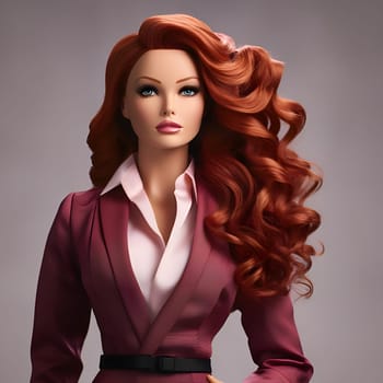 A stylish Barbie doll with dark brown hair and an elegant outfit stands gracefully on a light background.