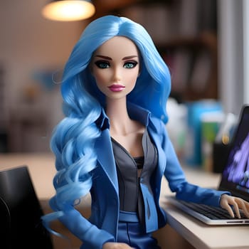 A stunning blue-haired Barbie doll in an elegant blue outfit sits gracefully at a desk, engrossed in using her laptop.
