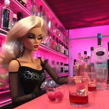 Blonde-haired Barbie is in a lively club, surrounded by glasses and colorful cocktails, enjoying a fun night out.