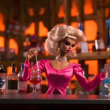 Blonde-haired Barbie is in a lively club, surrounded by glasses and colorful cocktails, enjoying a fun night out.
