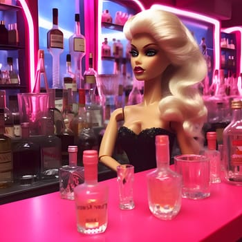 Blonde-haired Barbie is in a lively club, surrounded by glasses and colorful cocktails, enjoying a fun night out.