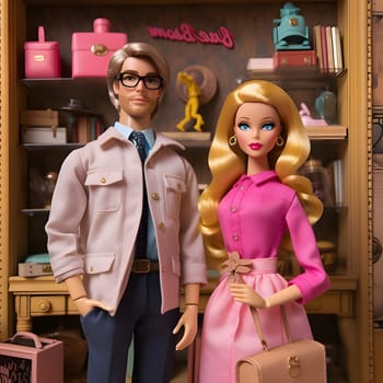 Blonde-haired Barbie and Ken stand stylishly in front of a domestic sideboard, dressed in chic pink outfits, radiating charm.