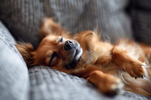 A little dog sleeps on its back on the sofa