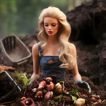 Barbie, wearing gardening attire, diligently tends to the soil and lush vegetation in her beautiful garden.