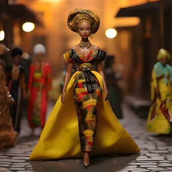 Barbie, with her beautiful dark complexion, looks stunning in a yellow patterned dress and a matching yellow headdress. The light background adds a touch of elegance to the scene.