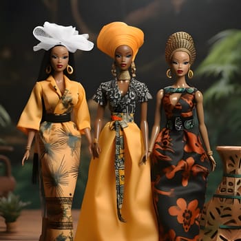 Barbie, with her radiant dark complexion, looks fabulous in a yellow patterned dress, accompanied by her three friends who complement the group with their unique styles.