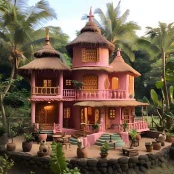 A charming pink house with a straw roof, designed in a Barbie style, exudes a playful and dreamy atmosphere, perfect for imaginative adventures.