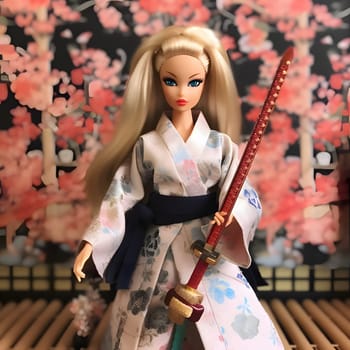 Blonde-haired Barbie exudes elegance and strength in her beautiful kimono, wielding a sword with grace and determination. A perfect blend of tradition and modernity.