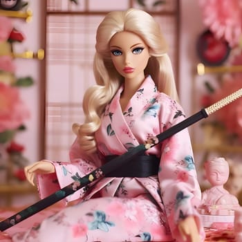 Blonde-haired Barbie exudes elegance and strength in her beautiful kimono, wielding a sword with grace and determination. A perfect blend of tradition and modernity.