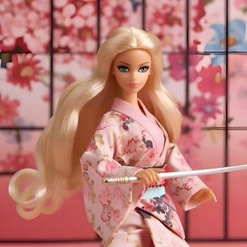 Blonde-haired Barbie exudes elegance and strength in her beautiful kimono, wielding a sword with grace and determination. A perfect blend of tradition and modernity.