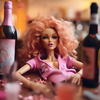 Lying drunk Barbie in a pink outfit with bottles of alcohol on the sides new illustration.