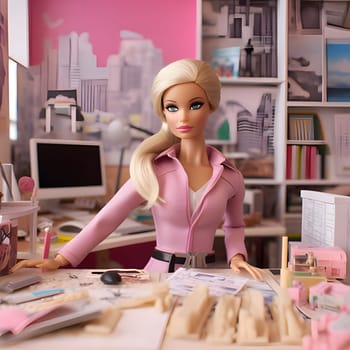 A blonde Barbie doll in a pink outfit is sitting at an office table with a model of the city and a computer monitor, creating a professional atmosphere.