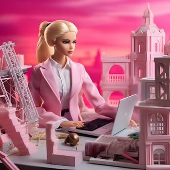 A blonde Barbie doll in a pink outfit is sitting at an office table with a model of the city and a computer monitor, creating a professional atmosphere.