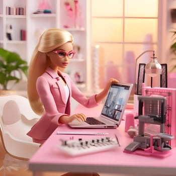A blonde Barbie doll in a pink outfit is sitting at an office table, creating a professional atmosphere.