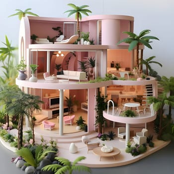 A luxurious pink mansion, designed in Barbie style, exudes elegance and charm with its vibrant colors and glamorous details.