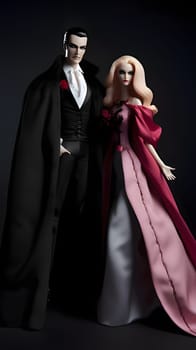 Dark Barbie, clad in a stylish black and pink ensemble, stands alongside a mysterious vampire adorned in a black suit and coat.