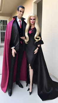 Dark Barbie, clad in a stylish black and pink ensemble, stands alongside a mysterious vampire adorned in a black suit and coat.