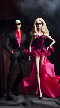 Dark Barbie, clad in a stylish black and pink ensemble, stands alongside a mysterious man adorned in a black suit and coat.