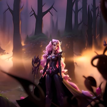 An illustration of a game character, a girl with long pink hair and a black outfit, holding a magical wand in her hand, ready for adventures.