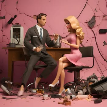 Ken and Barbie are seated on swivel chairs in a rundown office cubicle, surrounded by stacks of papers and forgotten memories.