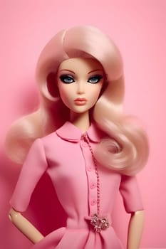 In this close-up image, a stunning blonde-haired Barbie doll is dressed in a fashionable pink outfit, standing against a vibrant pink background.