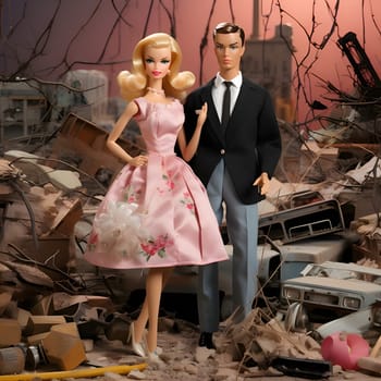 Blonde-haired Barbie, dressed in a pink gown, and Ken, wearing a suit, stand solemnly amidst a garbage dump, a poignant reminder of the need for environmental consciousness.