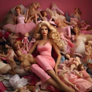 Blonde Barbie lies on a pile of damaged dolls, representing the challenges of consumerism and the importance of sustainable choices.