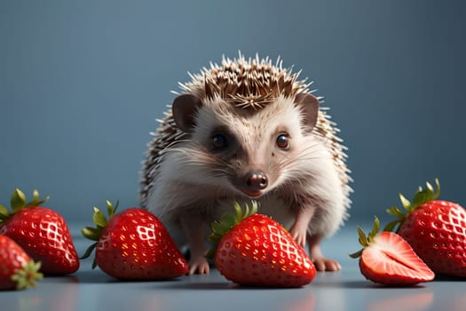 cute beautiful hedgehog and fresh strawberries .