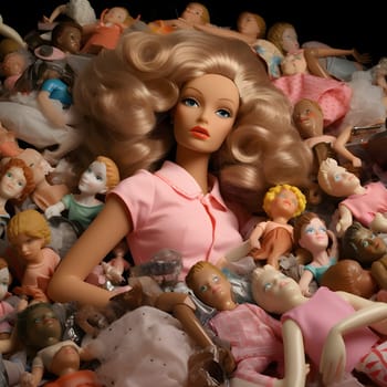 Blonde Barbie lies on a pile of damaged dolls, representing the challenges of consumerism and the importance of sustainable choices.