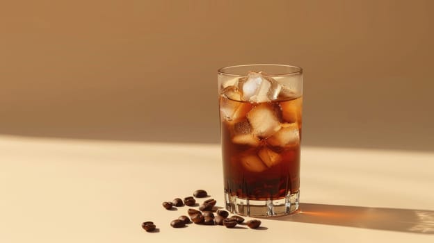 A glass of coffee with ice cubes in it is sitting on a table with coffee beans, Clean composition, Minimal style.