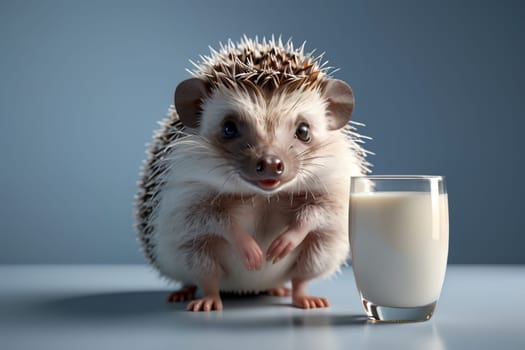 cute beautiful hedgehog and fresh milk in a glass on a blue background .