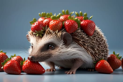 cute beautiful hedgehog and fresh strawberries .