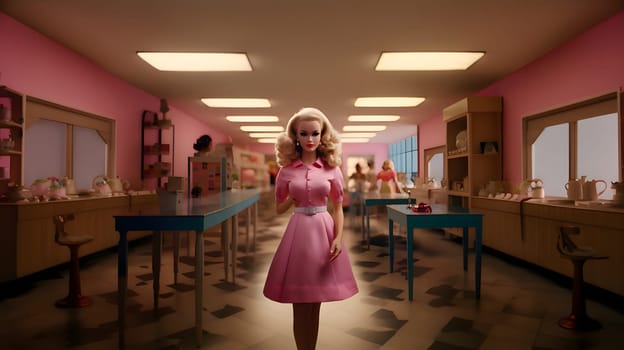 In the classroom, a beautiful Barbie doll with blond hair stands confidently, dressed in a charming pink dress, ready to embark on exciting adventures.