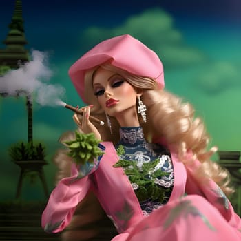 Barbie doll, wearing a pink floral dress with blonde hair, sits with a cigarette in her hand bad girl
