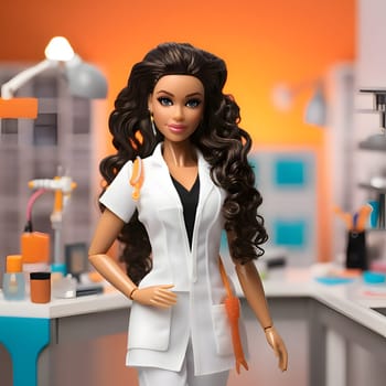 Brown-haired Barbie dons a white apron, embodying the role of a dedicated doctor, ready to care for her patients with compassion and expertise.