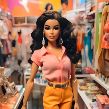 Brown-haired Barbie looks stylish in her pink blouse as she browses the clothing store, ready to find the perfect outfit for any occasion.