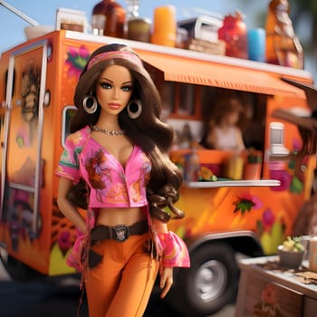 A long, curly-haired brown-haired Barbie exudes style in her vibrant pink outfit, set against the backdrop of a trendy food truck scene.