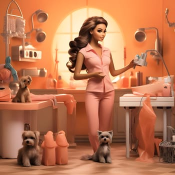 In a veterinary office, a brown-haired Barbie looks charming in her pink outfit, surrounded by adorable dogs seeking care and attention.