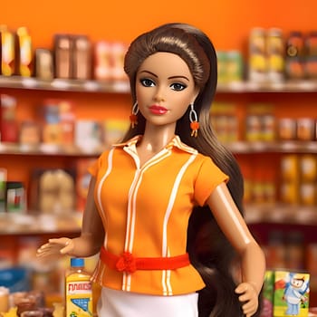 Brown-haired Barbie looks stylish in her vibrant orange T-shirt as she shops at the grocery store, adding a splash of color to her day.