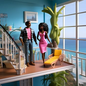 Brown-haired Barbie and Ken, both with black skin, enjoy a romantic moment in a room with a breathtaking view of the sea.