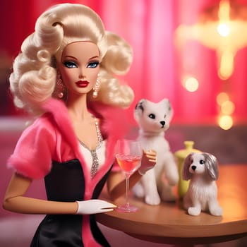 Blonde-haired Barbie holds a drink and is surrounded by adorable doggies on a vibrant pink and yellow background.