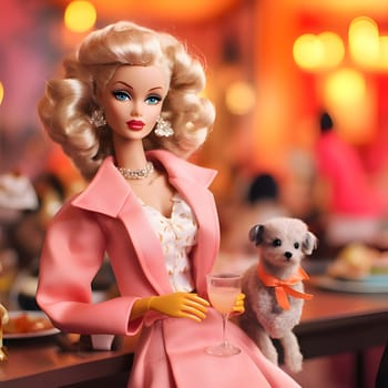 Blonde-haired Barbie holds a drink and is surrounded by adorable doggies on a vibrant pink and yellow background.