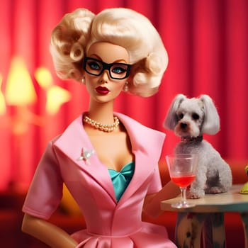 Blonde-haired Barbie holds a drink and is surrounded by adorable doggies on a vibrant pink and yellow background.